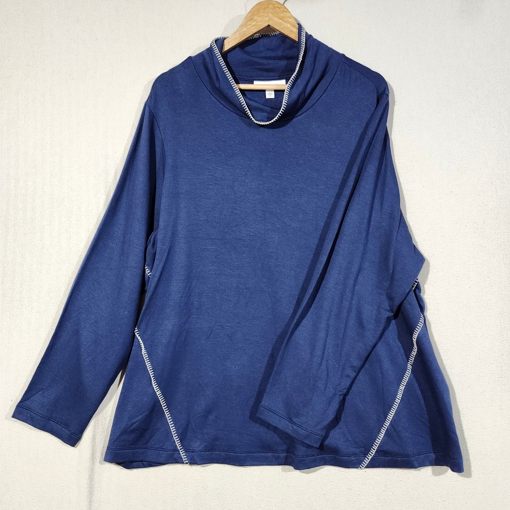 Pure Jill Tranquility Fleece Funnel Neck Top Navy Blue Contrast Stitch 2X Soft